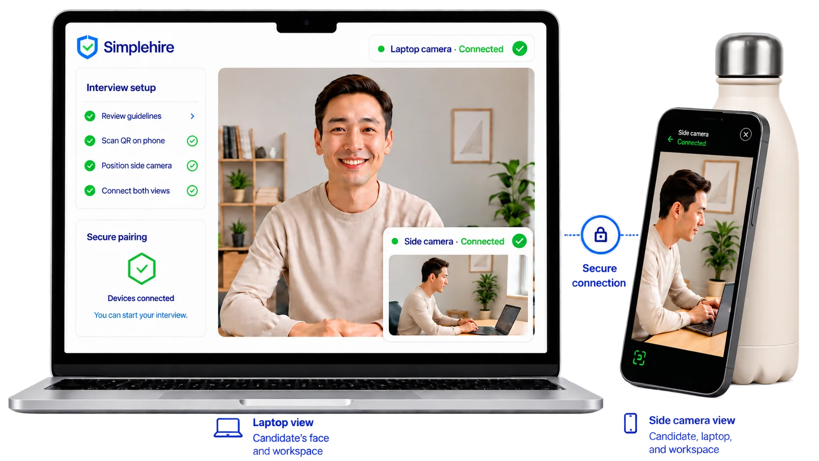 A candidate's interview open on a laptop — their face on the main video, the setup checklist and secure-pairing status alongside it, and the side-camera feed inset — next to the paired phone standing to one side, showing the candidate, their laptop and the surrounding desk. Labels underneath read: laptop view, the candidate's face and front view; side camera view, the candidate, laptop and surrounding area.